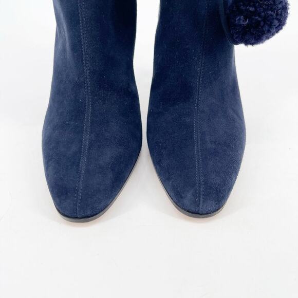 Jimmy Choo Retro y2k Navy Blue Suede Pom Pom Tie Mid-Calf Heeled Boot IT 37.5 - Picture 6 of 12